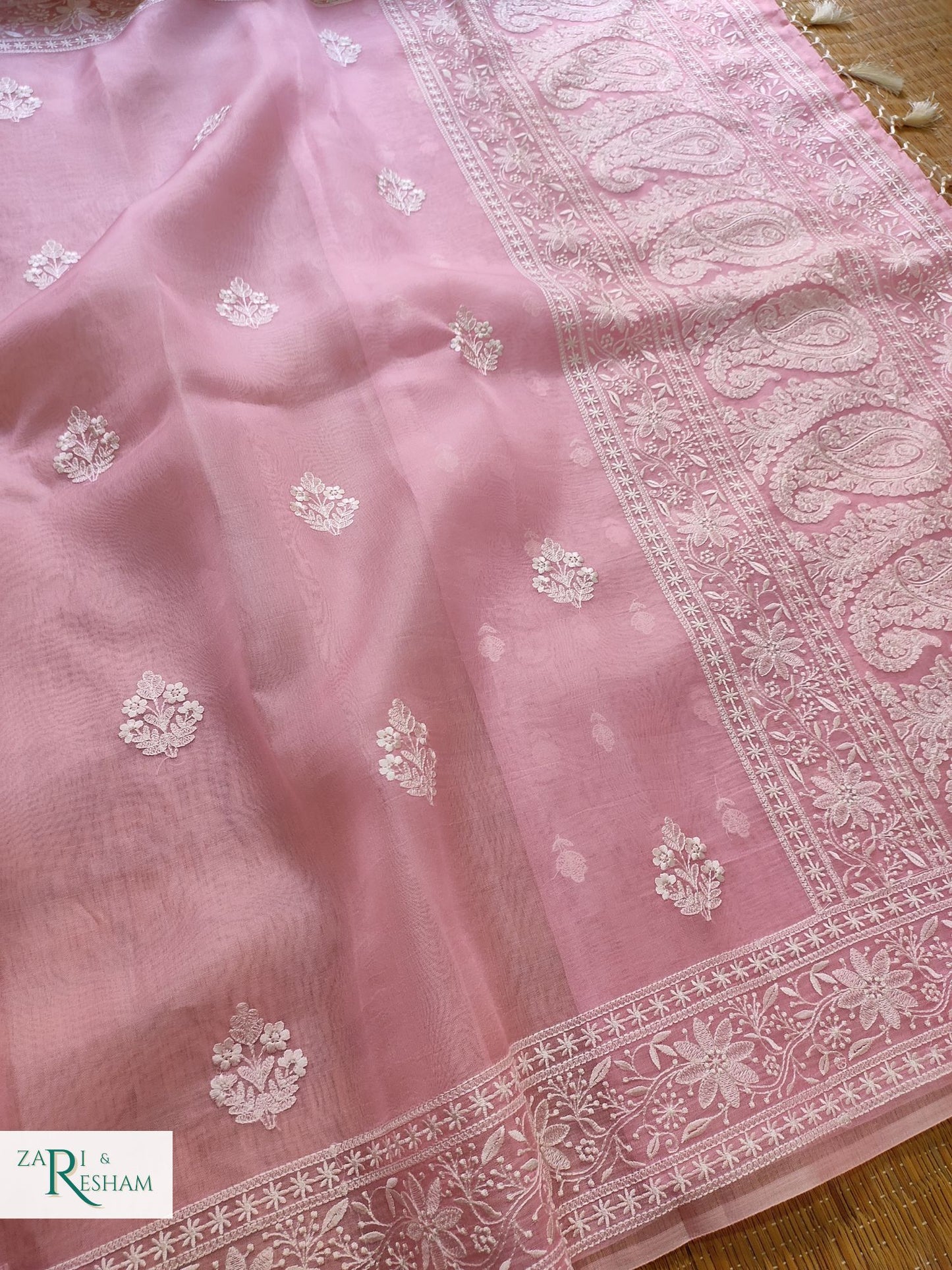 Pure Organza Silk Saree with Beautiful Chikankari Embroidery Work - Pink