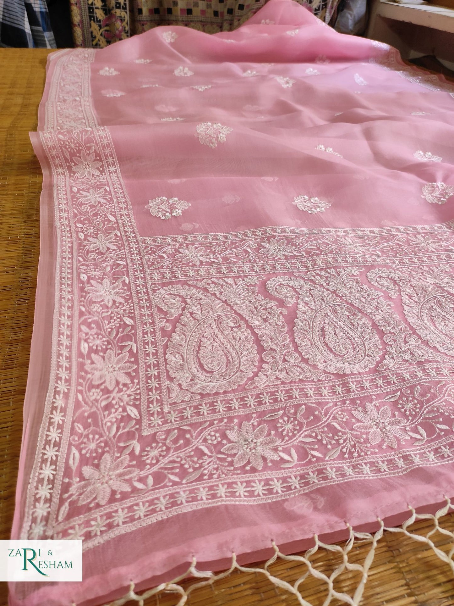 Pure Organza Silk Saree with Beautiful Chikankari Embroidery Work - Pink