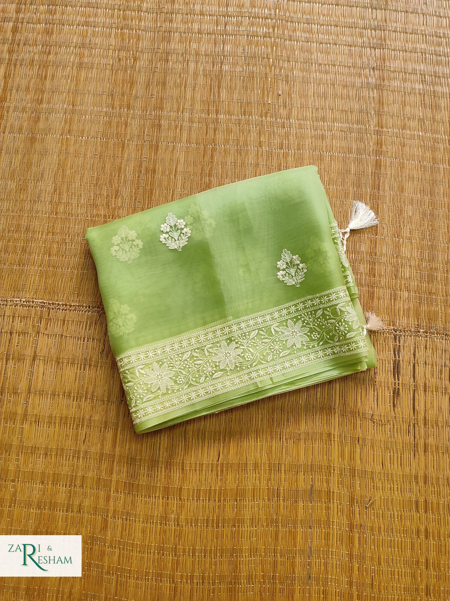 Pure Organza Silk Saree with Beautiful Chikankari Embroidery Work - Green