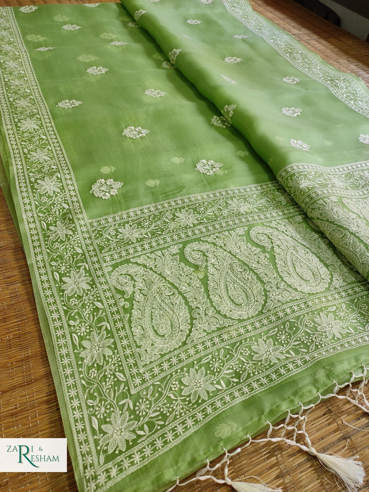 Pure Organza Silk Saree with Beautiful Chikankari Embroidery Work - Green