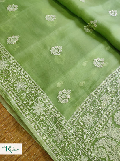 Pure Organza Silk Saree with Beautiful Chikankari Embroidery Work - Green