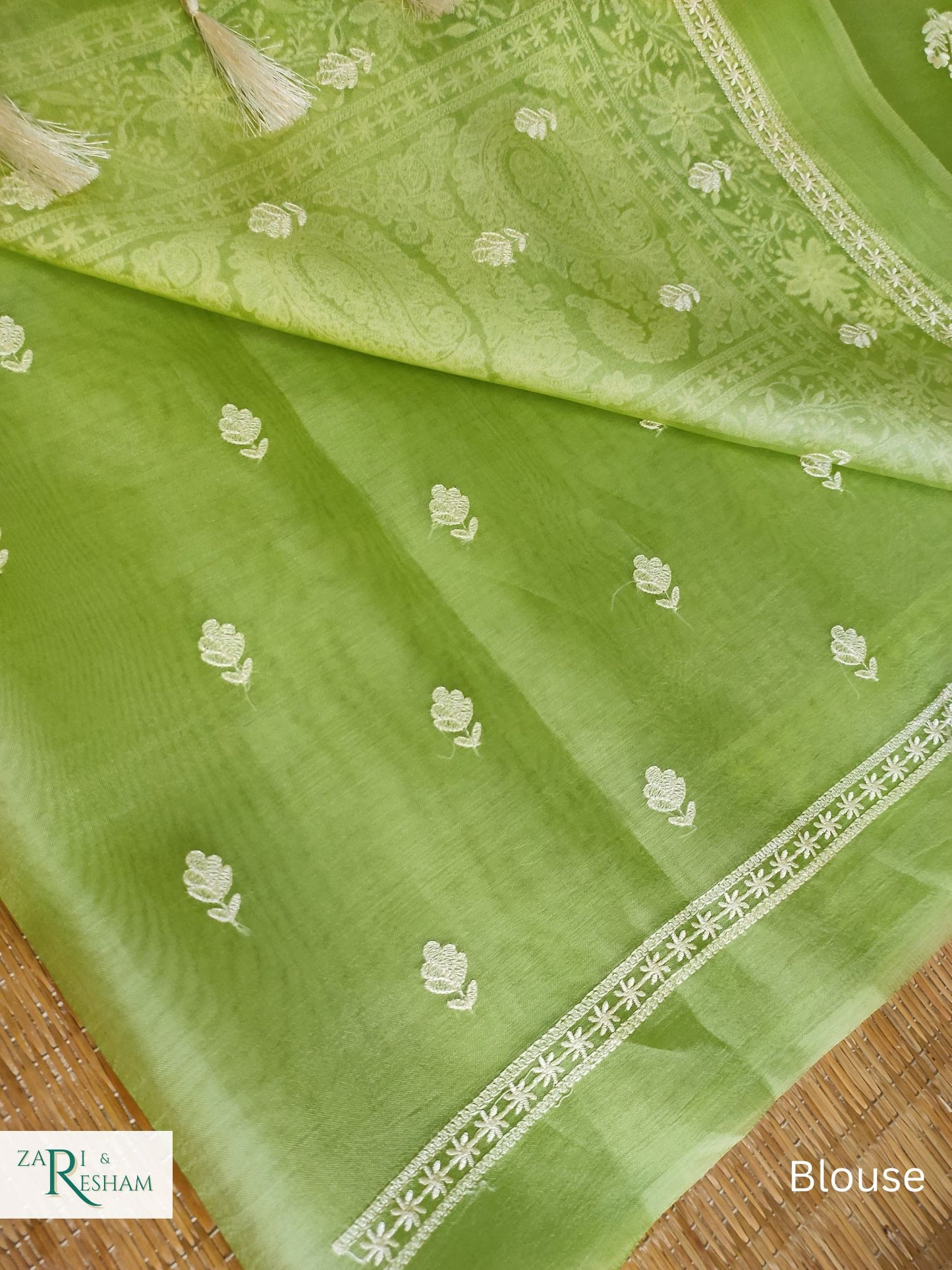 Pure Organza Silk Saree with Beautiful Chikankari Embroidery Work - Green