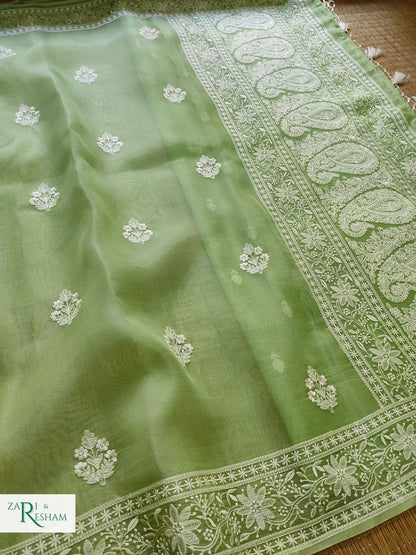 Pure Organza Silk Saree with Beautiful Chikankari Embroidery Work - Green