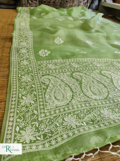 Pure Organza Silk Saree with Beautiful Chikankari Embroidery Work - Green