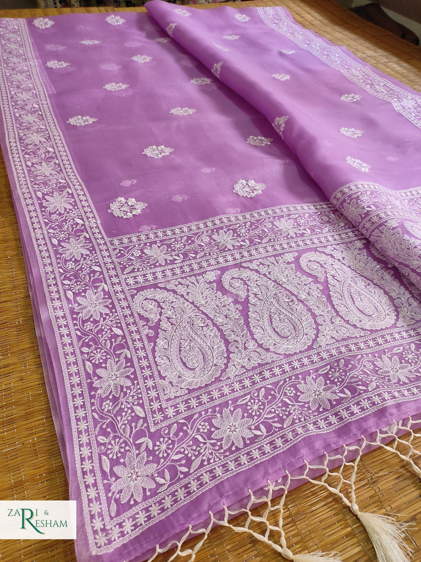 Pure Organza Silk Saree with Beautiful Chikankari Embroidery Work - Lavender