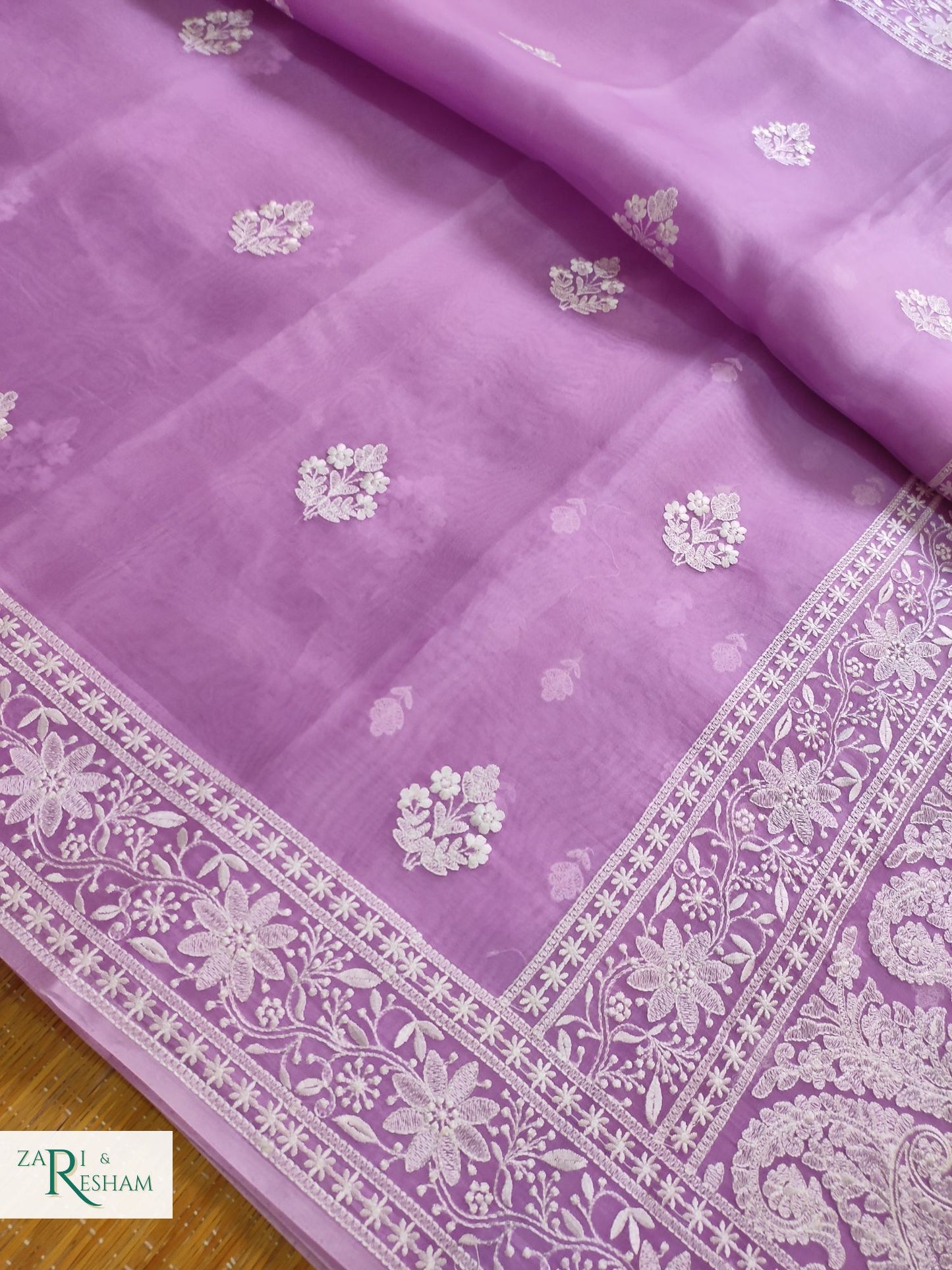 Pure Organza Silk Saree with Beautiful Chikankari Embroidery Work - Lavender