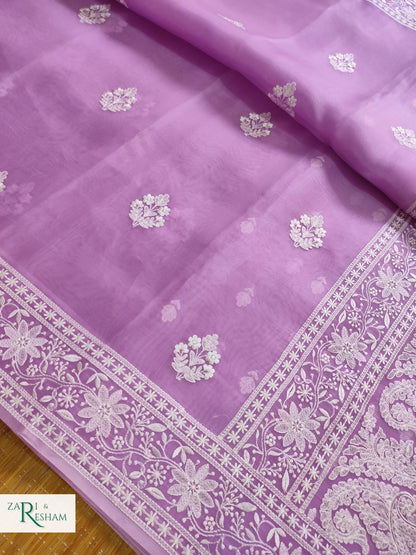 Pure Organza Silk Saree with Beautiful Chikankari Embroidery Work - Lavender