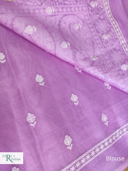 Pure Organza Silk Saree with Beautiful Chikankari Embroidery Work - Lavender