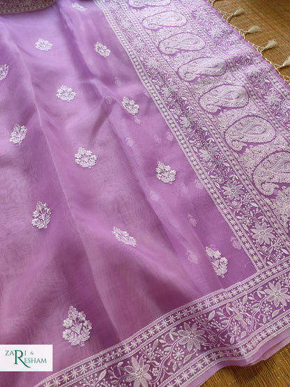 Pure Organza Silk Saree with Beautiful Chikankari Embroidery Work - Lavender