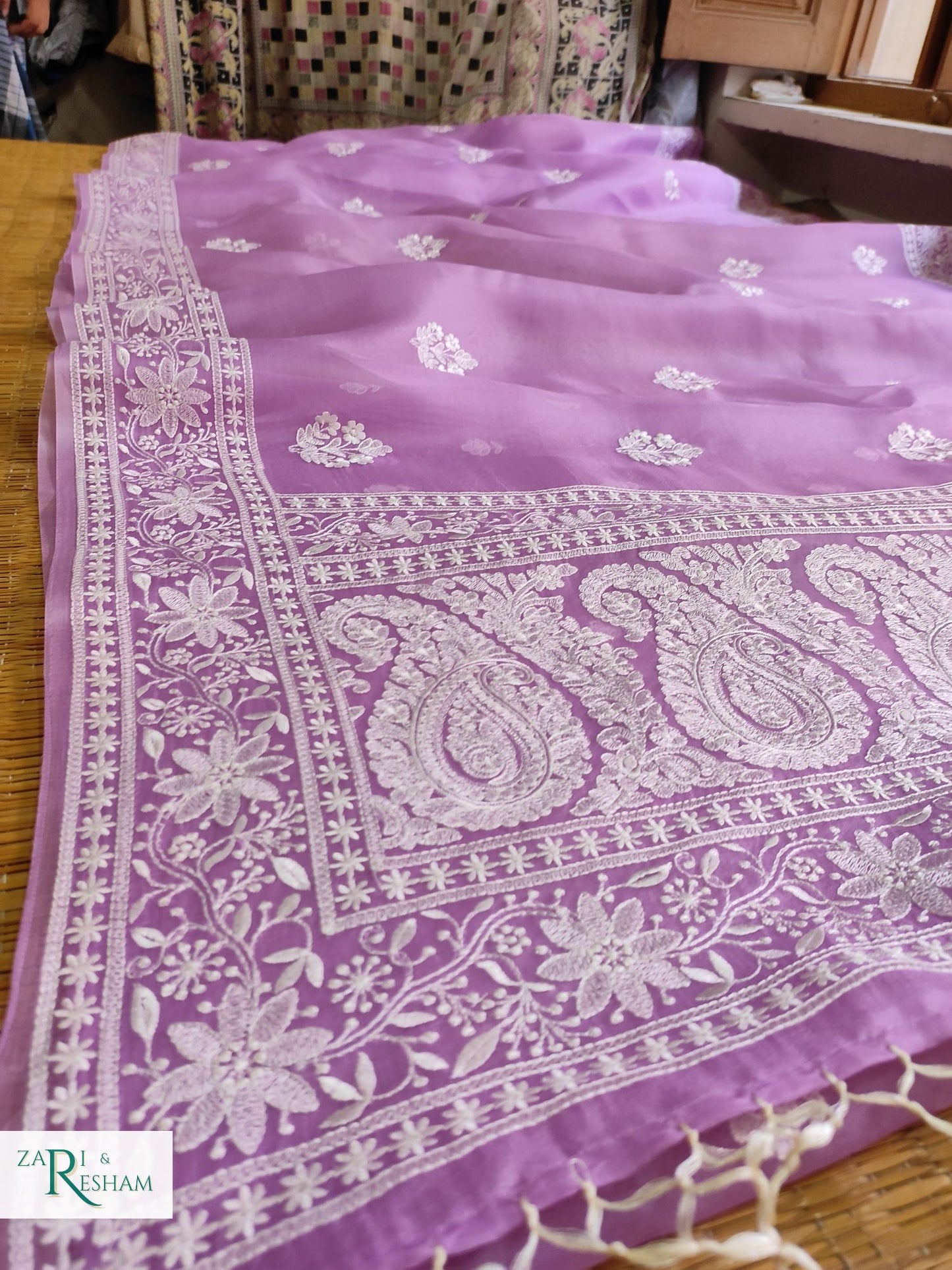 Pure Organza Silk Saree with Beautiful Chikankari Embroidery Work - Lavender