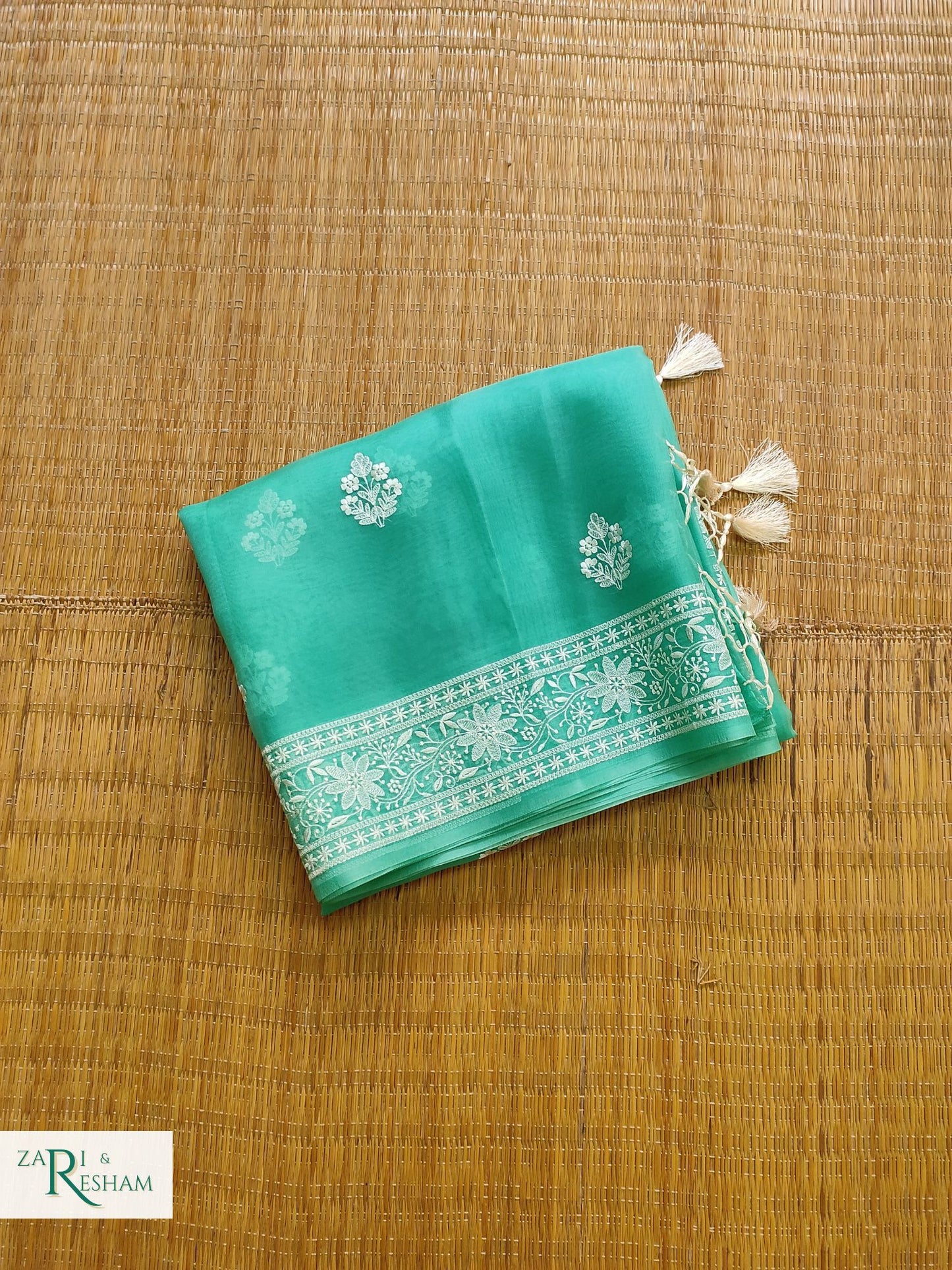 Pure Organza Silk Saree with Beautiful Chikankari Embroidery Work - Sea Green