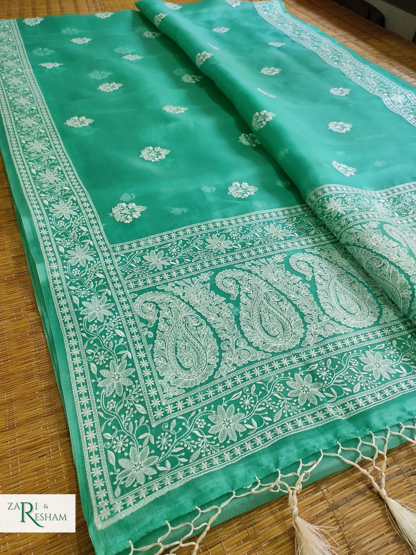 Pure Organza Silk Saree with Beautiful Chikankari Embroidery Work - Sea Green