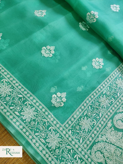 Pure Organza Silk Saree with Beautiful Chikankari Embroidery Work - Sea Green