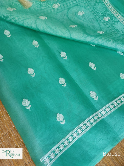 Pure Organza Silk Saree with Beautiful Chikankari Embroidery Work - Sea Green