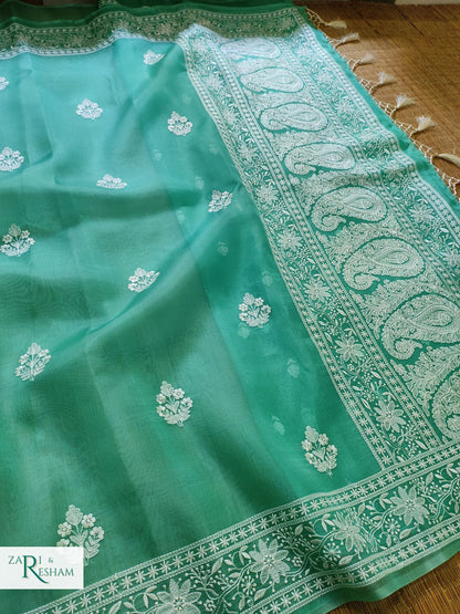 Pure Organza Silk Saree with Beautiful Chikankari Embroidery Work - Sea Green