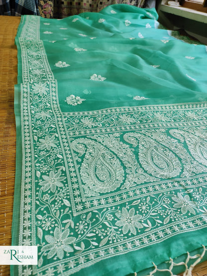 Pure Organza Silk Saree with Beautiful Chikankari Embroidery Work - Sea Green