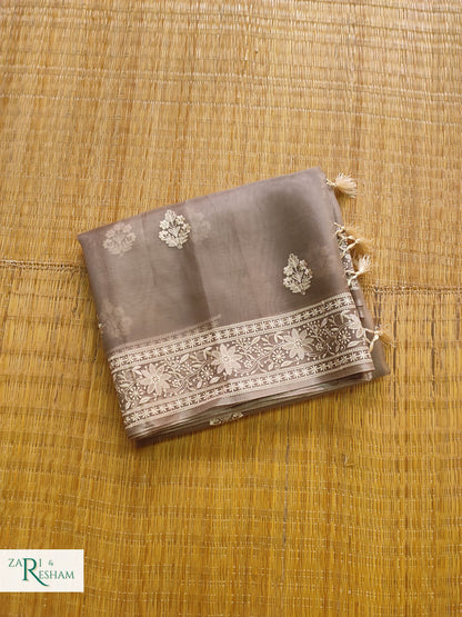 Pure Organza Silk Saree with Beautiful Chikankari Embroidery Work - Mouse Grey