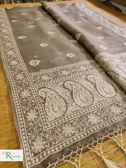 Pure Organza Silk Saree with Beautiful Chikankari Embroidery Work - Mouse Grey