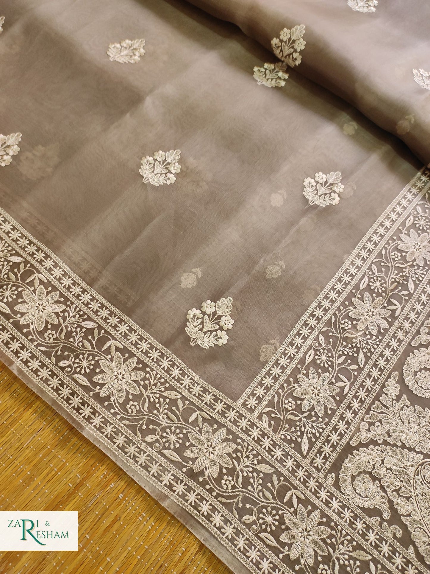 Pure Organza Silk Saree with Beautiful Chikankari Embroidery Work - Mouse Grey