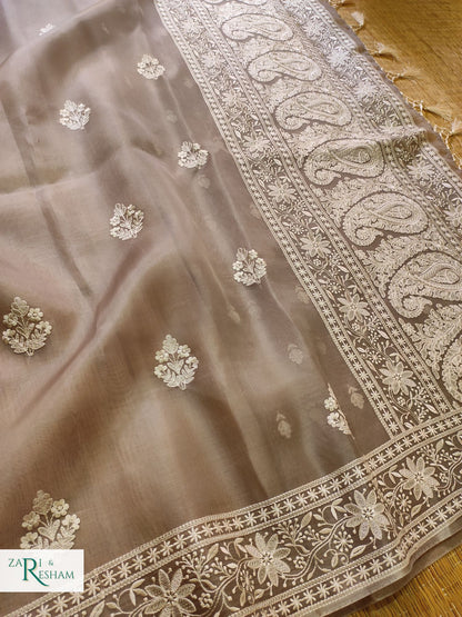 Pure Organza Silk Saree with Beautiful Chikankari Embroidery Work - Mouse Grey