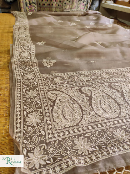 Pure Organza Silk Saree with Beautiful Chikankari Embroidery Work - Mouse Grey