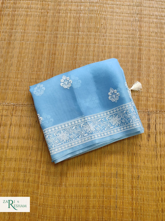 Pure Organza Silk Saree with Beautiful Chikankari Embroidery Work - Sky Blue