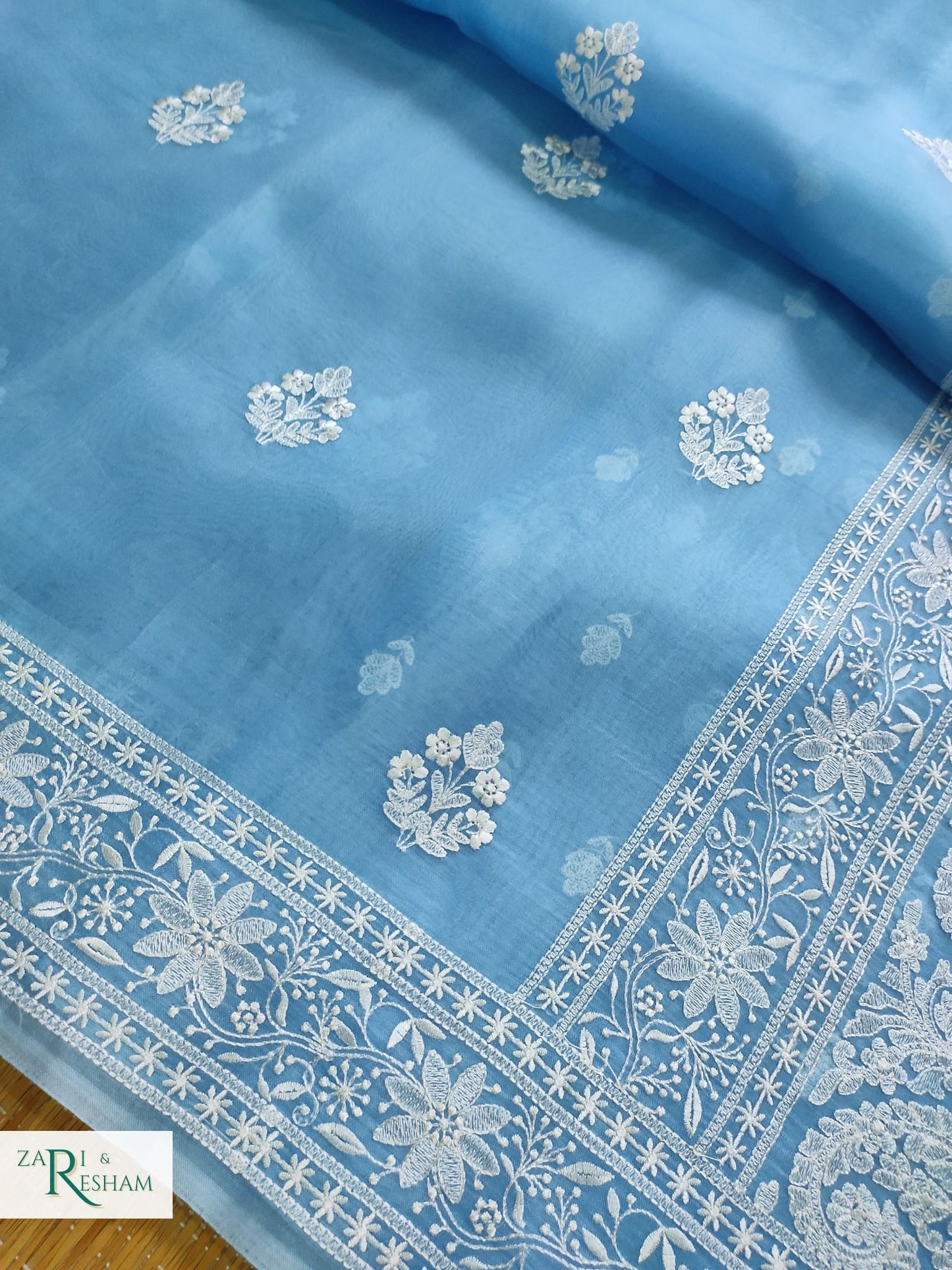 Pure Organza Silk Saree with Beautiful Chikankari Embroidery Work - Sky Blue