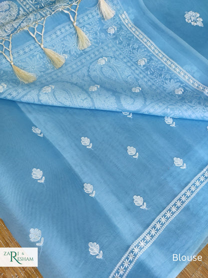 Pure Organza Silk Saree with Beautiful Chikankari Embroidery Work - Sky Blue