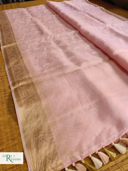 Pure Organza Silk Saree with Banarasi Style Chikankari Embroidery Work - Baby Pink