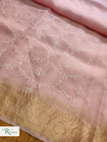 Pure Organza Silk Saree with Banarasi Style Chikankari Embroidery Work - Baby Pink