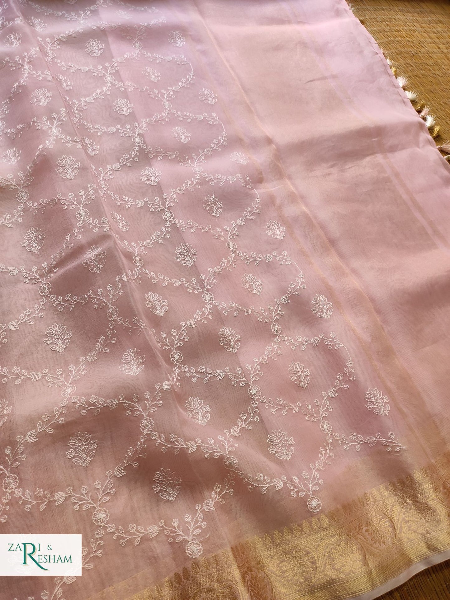 Pure Organza Silk Saree with Banarasi Style Chikankari Embroidery Work - Baby Pink