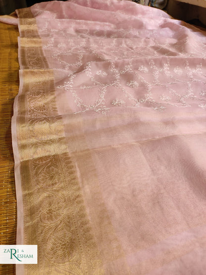 Pure Organza Silk Saree with Banarasi Style Chikankari Embroidery Work - Baby Pink