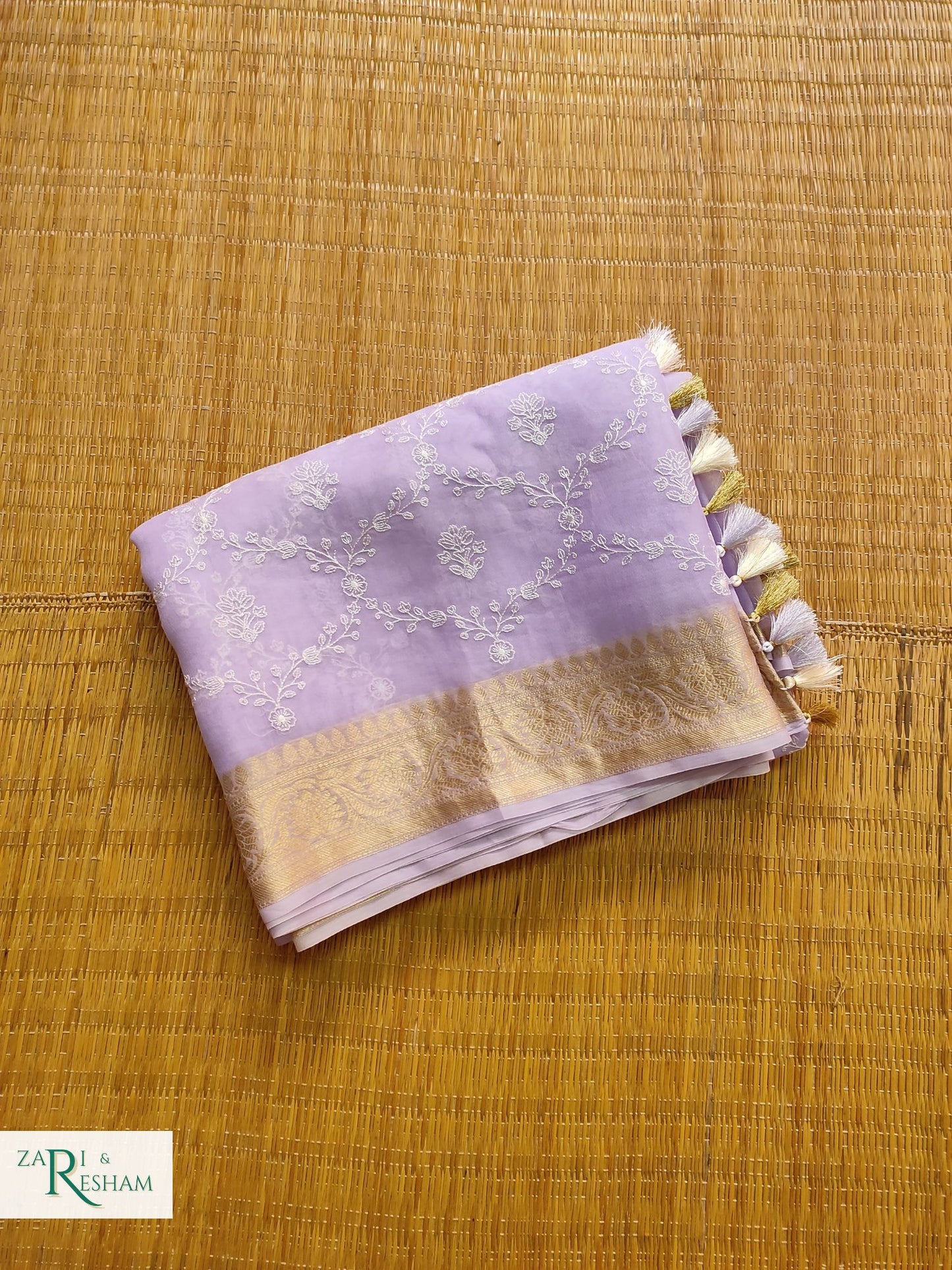 Pure Organza Silk Saree with Banarasi Style Chikankari Embroidery Work - Light Lavender