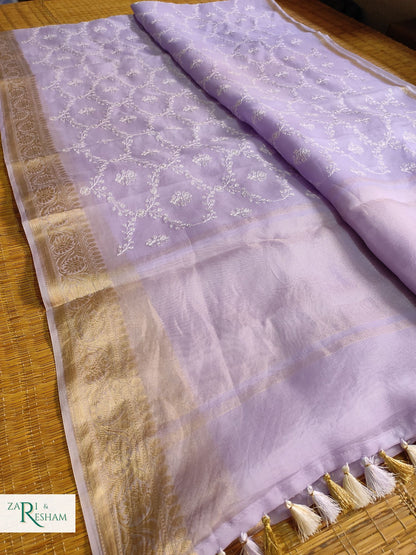 Pure Organza Silk Saree with Banarasi Style Chikankari Embroidery Work - Light Lavender