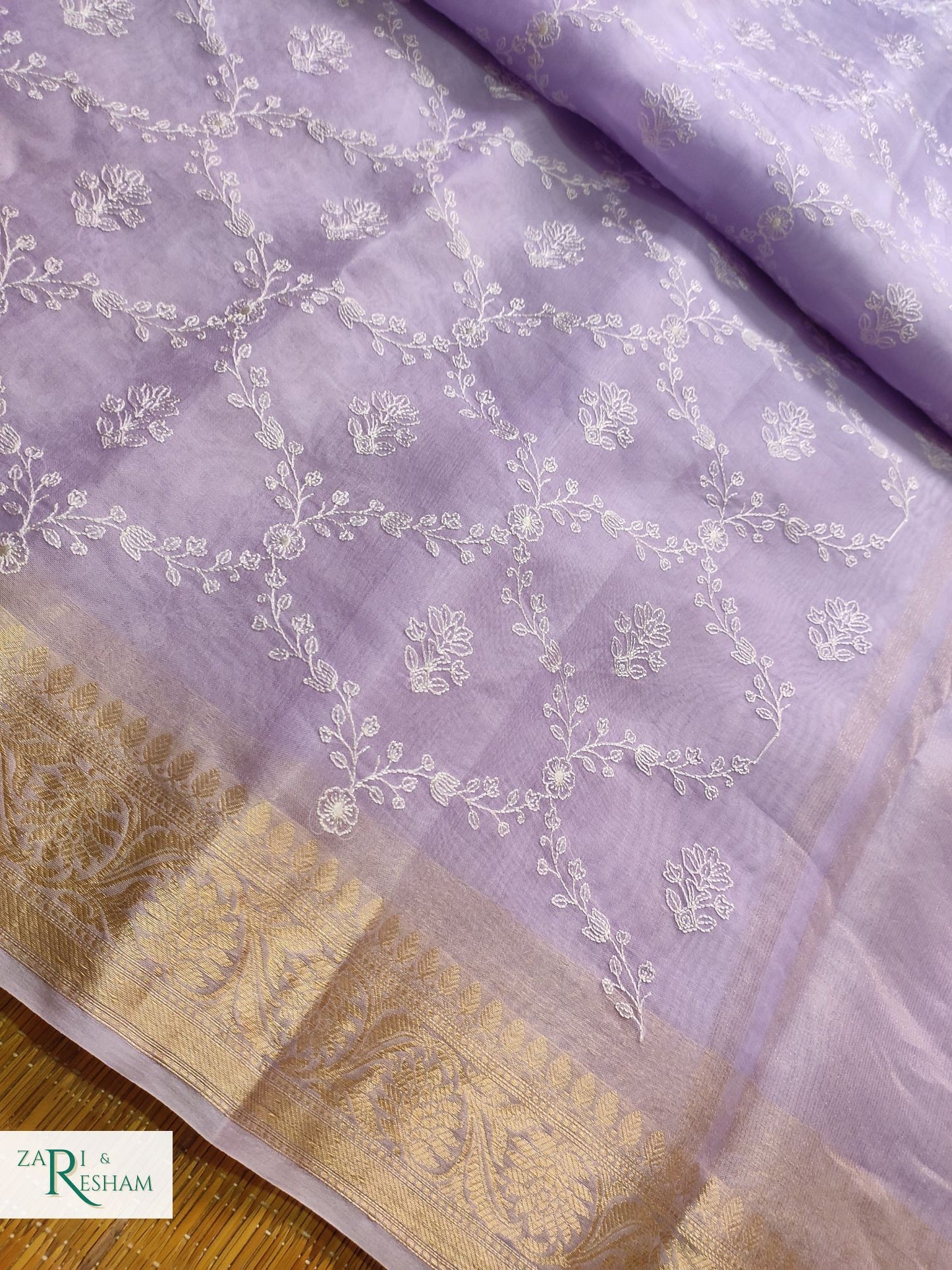 Pure Organza Silk Saree with Banarasi Style Chikankari Embroidery Work - Light Lavender