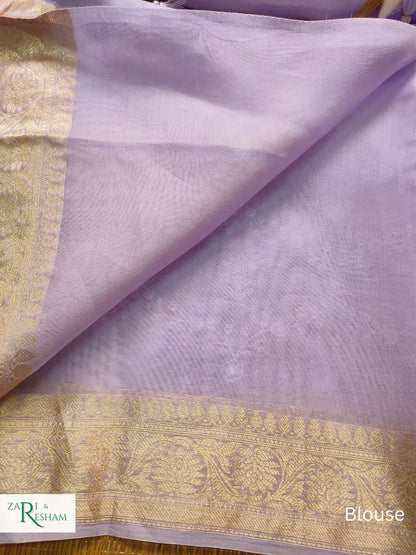 Pure Organza Silk Saree with Banarasi Style Chikankari Embroidery Work - Light Lavender