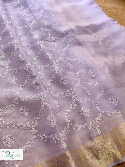 Pure Organza Silk Saree with Banarasi Style Chikankari Embroidery Work - Light Lavender