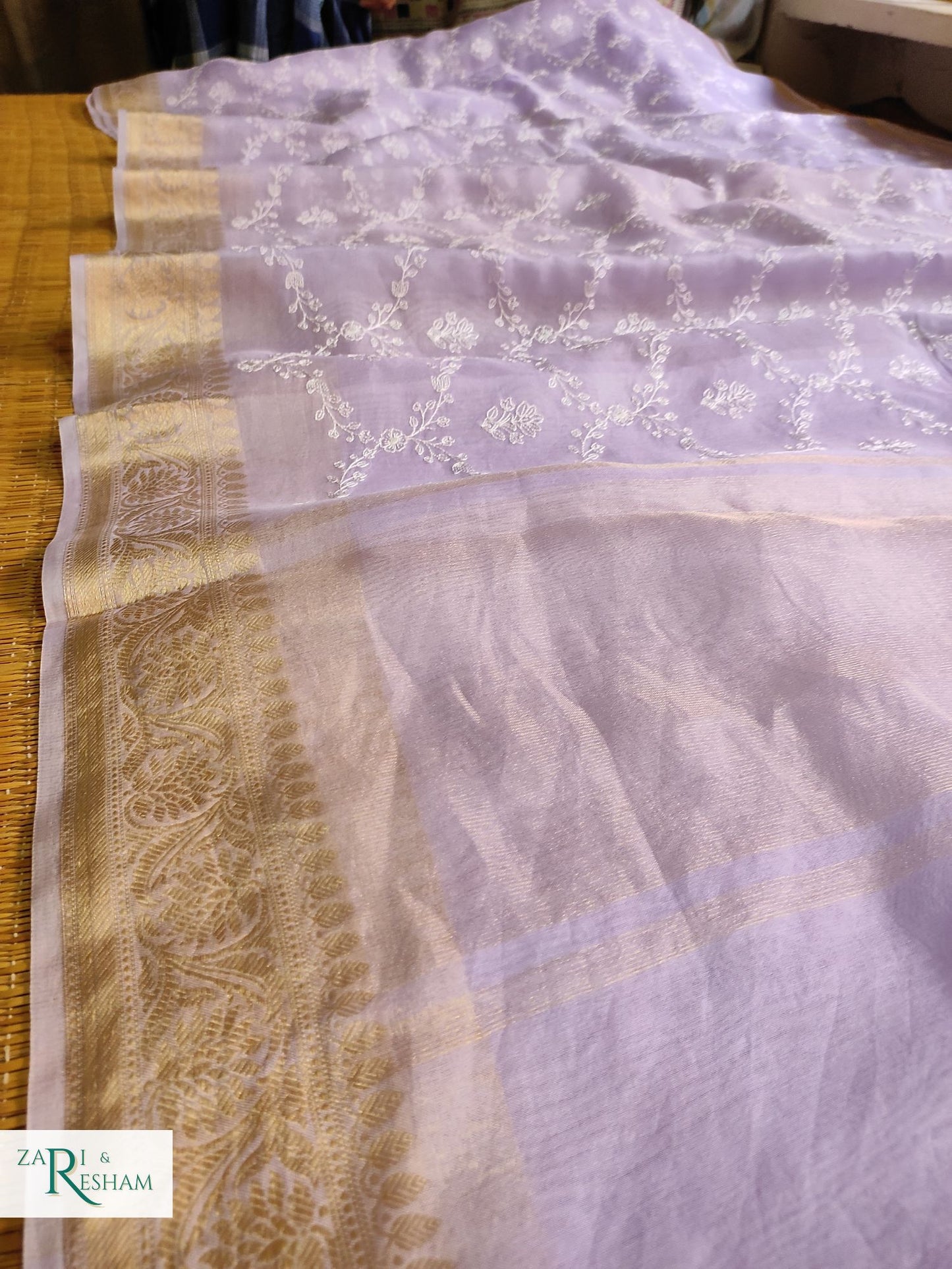 Pure Organza Silk Saree with Banarasi Style Chikankari Embroidery Work - Light Lavender