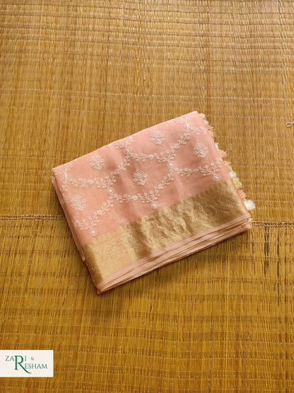 Pure Organza Silk Saree with Banarasi Style Chikankari Embroidery Work - Peach