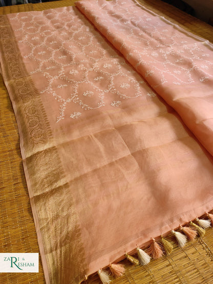 Pure Organza Silk Saree with Banarasi Style Chikankari Embroidery Work - Peach