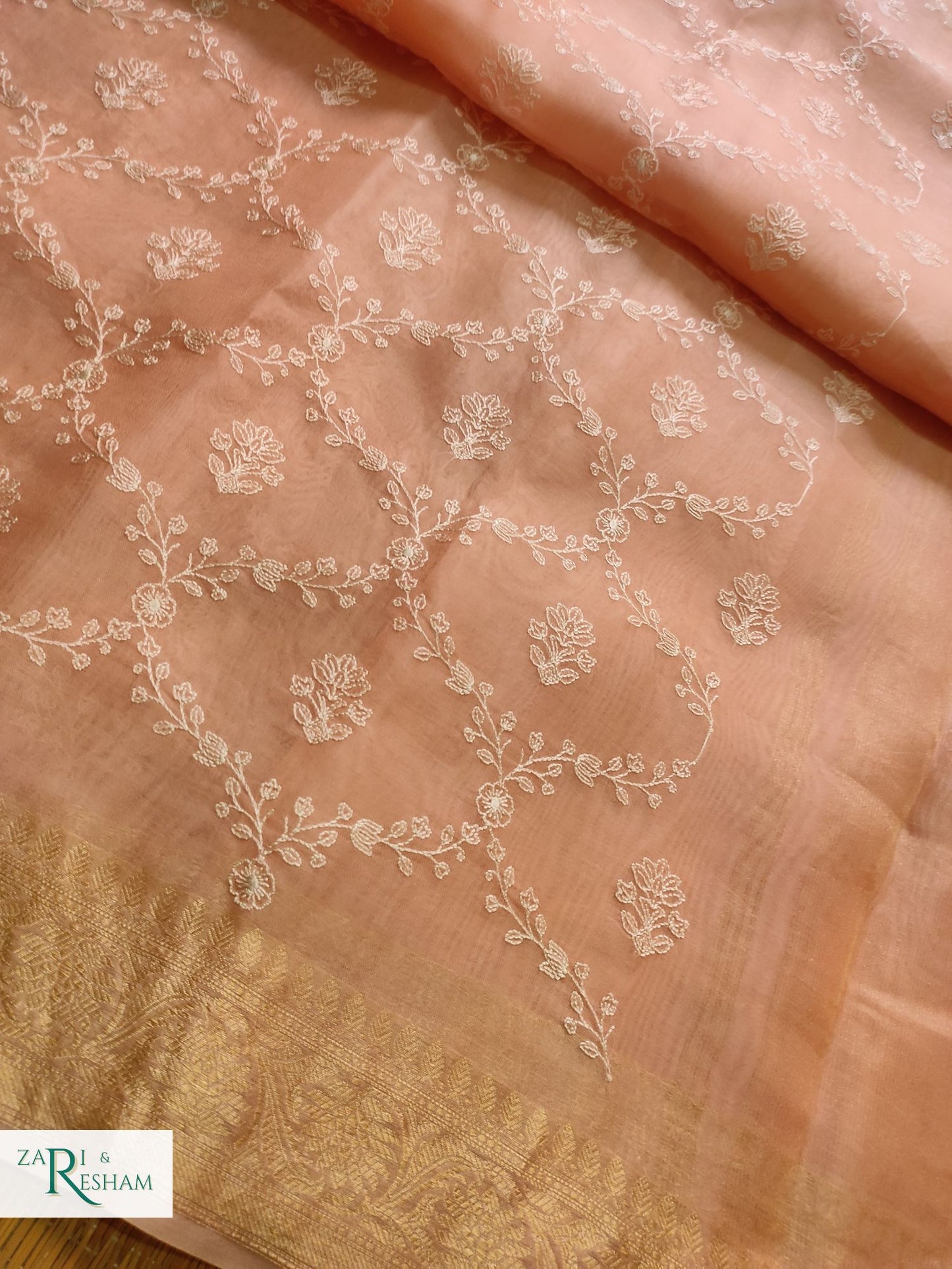 Pure Organza Silk Saree with Banarasi Style Chikankari Embroidery Work - Peach