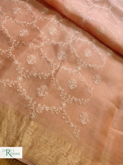 Pure Organza Silk Saree with Banarasi Style Chikankari Embroidery Work - Peach