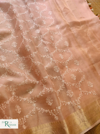 Pure Organza Silk Saree with Banarasi Style Chikankari Embroidery Work - Peach