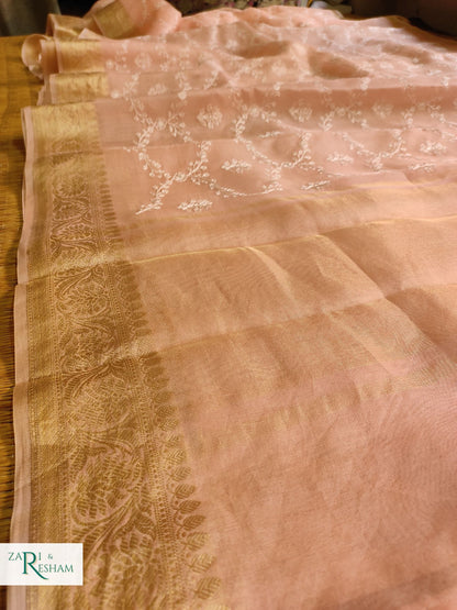 Pure Organza Silk Saree with Banarasi Style Chikankari Embroidery Work - Peach