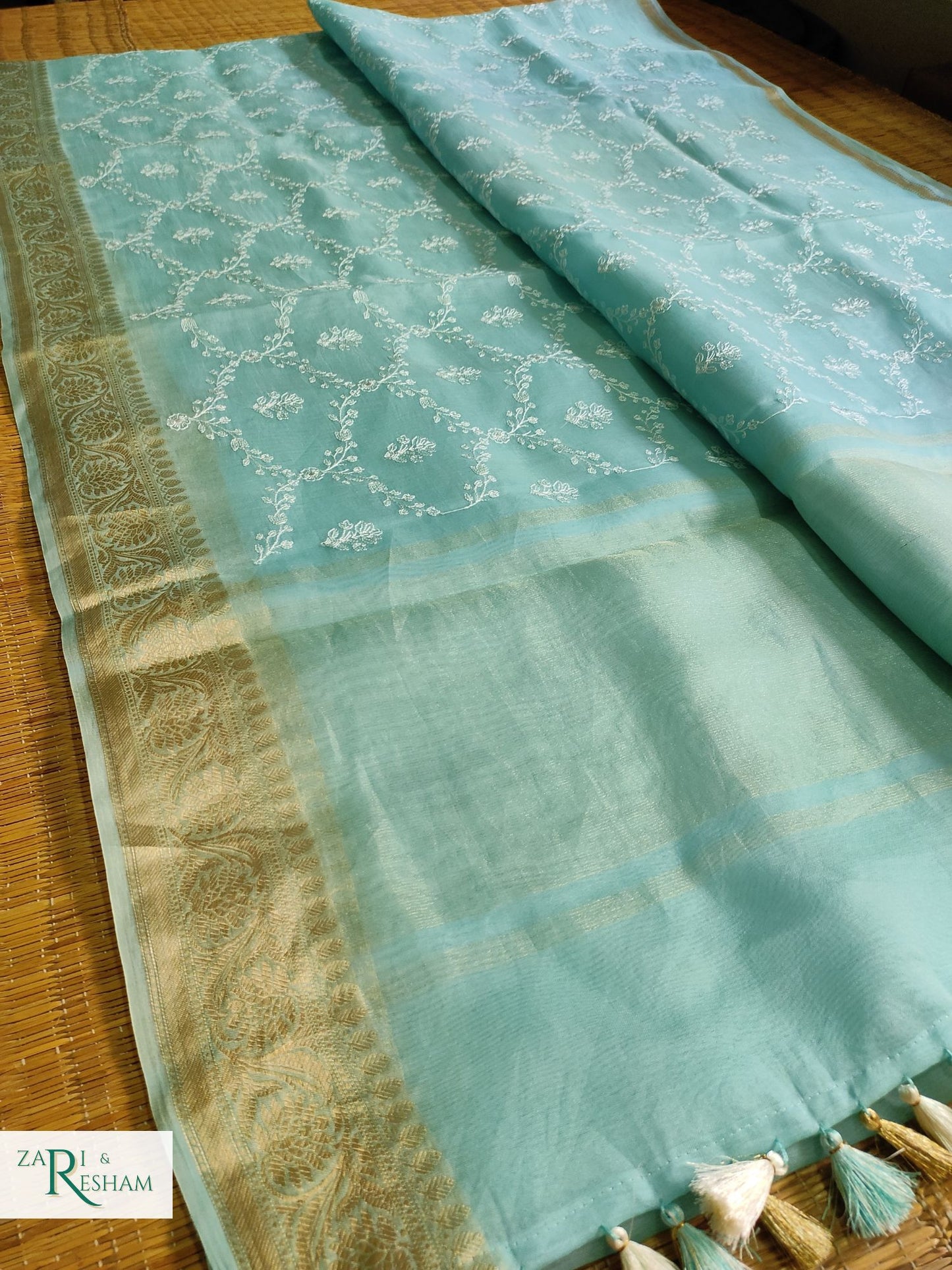 Pure Organza Silk Saree with Banarasi Style Chikankari Embroidery Work - Sea Blue