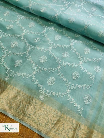 Pure Organza Silk Saree with Banarasi Style Chikankari Embroidery Work - Sea Blue