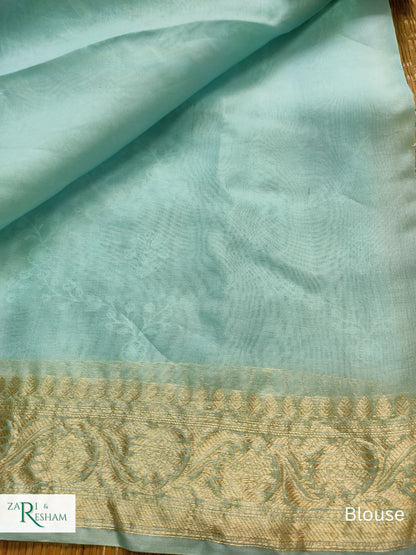 Pure Organza Silk Saree with Banarasi Style Chikankari Embroidery Work - Sea Blue