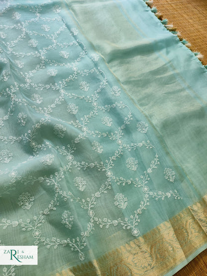 Pure Organza Silk Saree with Banarasi Style Chikankari Embroidery Work - Sea Blue