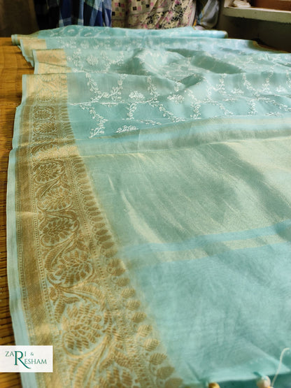 Pure Organza Silk Saree with Banarasi Style Chikankari Embroidery Work - Sea Blue