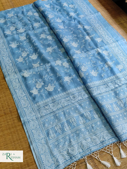 Pure Tusser Kota Silk Saree with Chikankari Rose Jaal Embroidery Work - Powder Blue